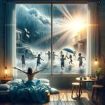Ilustração de pessoa diante de janela com chuva e sol, crianças brincando lá fora