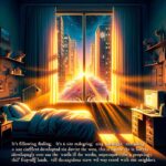 Ilustração de quarto com janela para a cidade e árvore florida iluminada