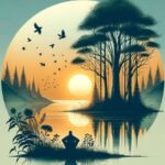 Ilustração de pessoa meditando à beira de um lago ao pôr do sol