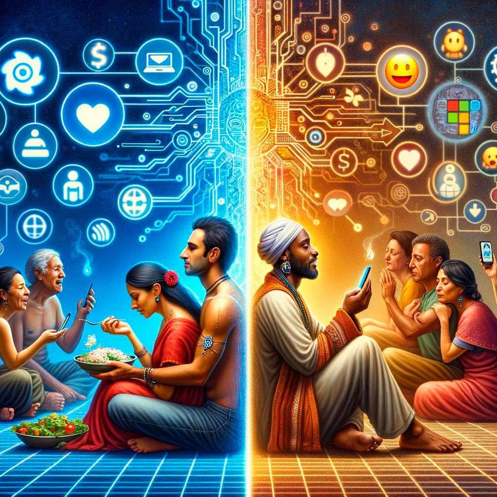 Ilustração contrastando conexões digitais e encontros presenciais
