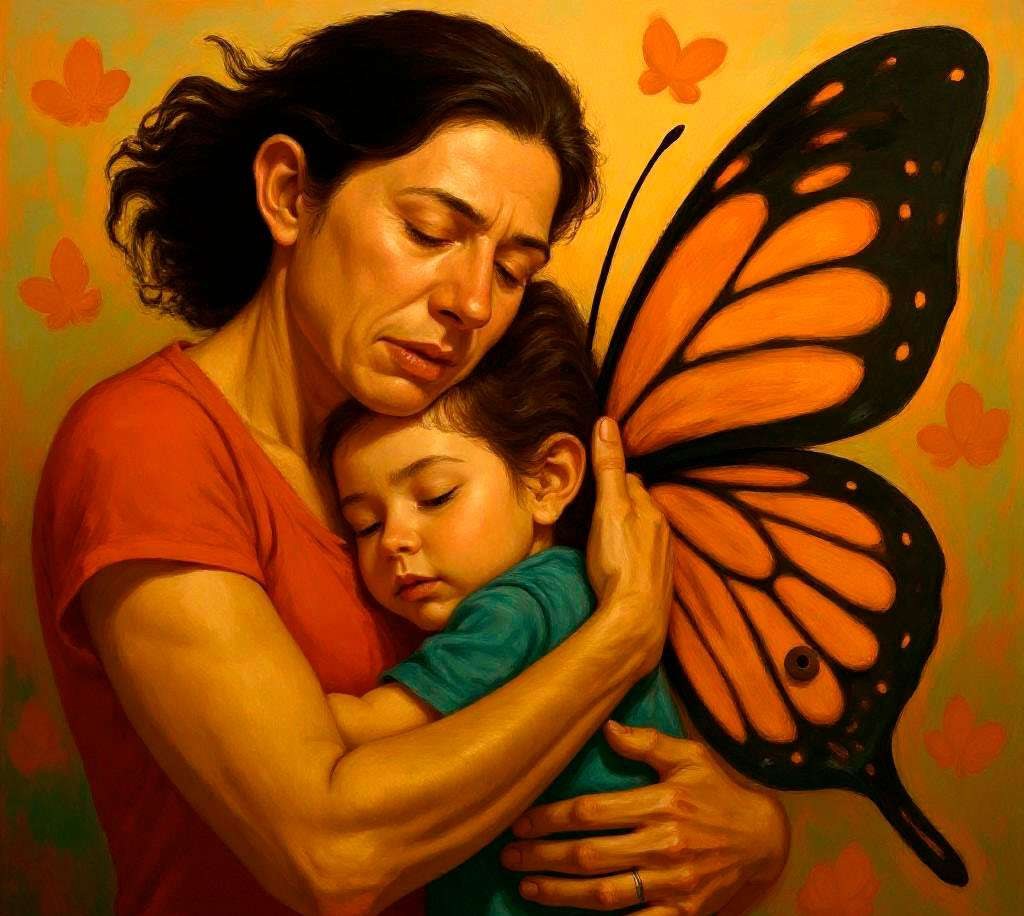 Ilustração de mãe abraçando o filho, com asas de borboleta