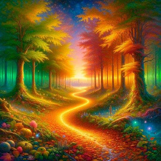 Ilustração de caminho iluminado em meio a uma floresta colorida