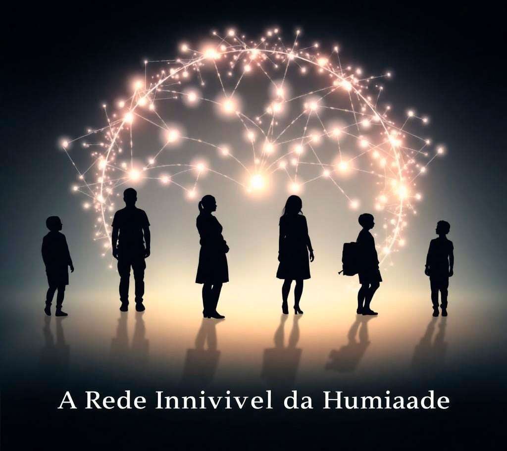 Ilustração de silhuetas de pessoas sob uma rede luminosa