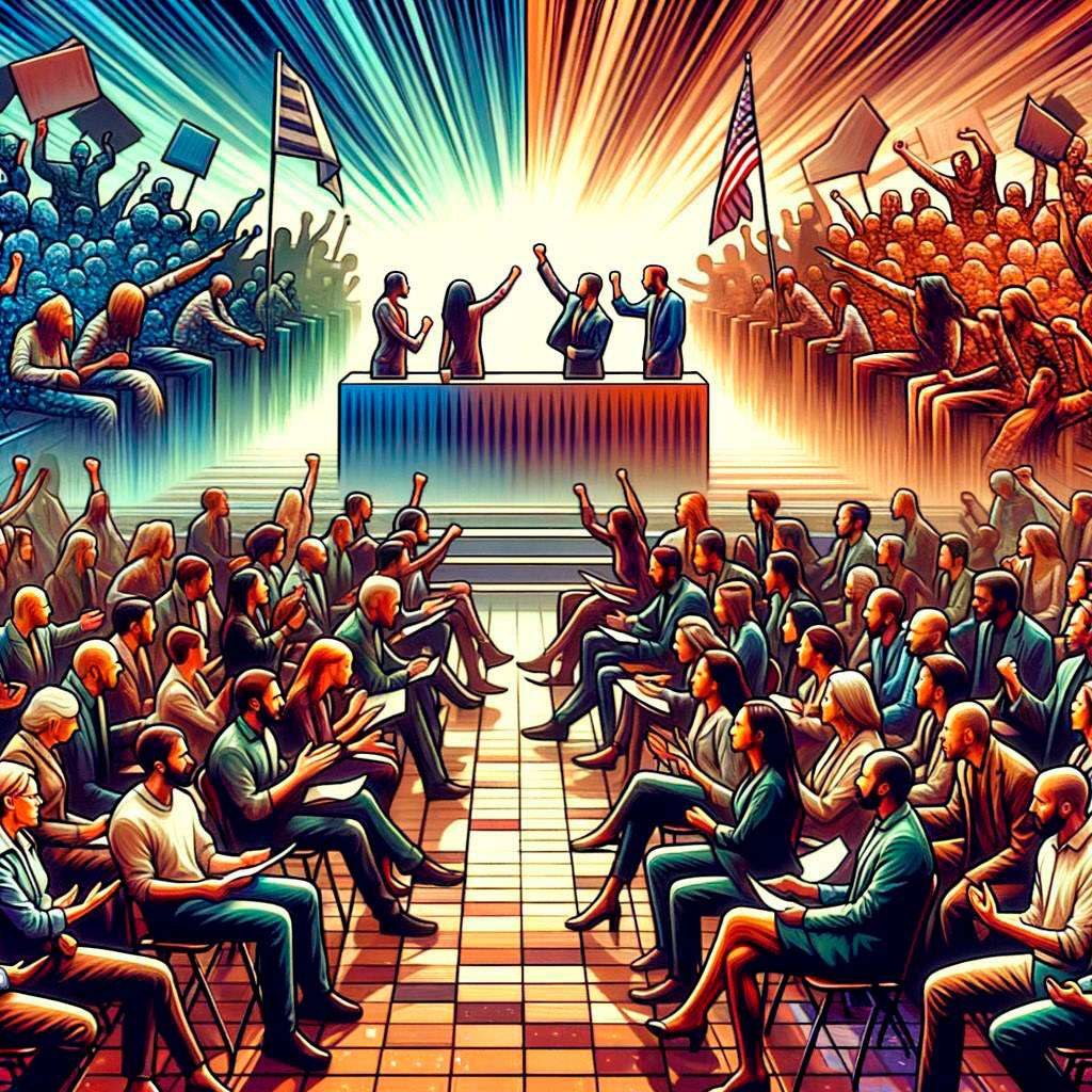Ilustração de multidão diante de um palanque