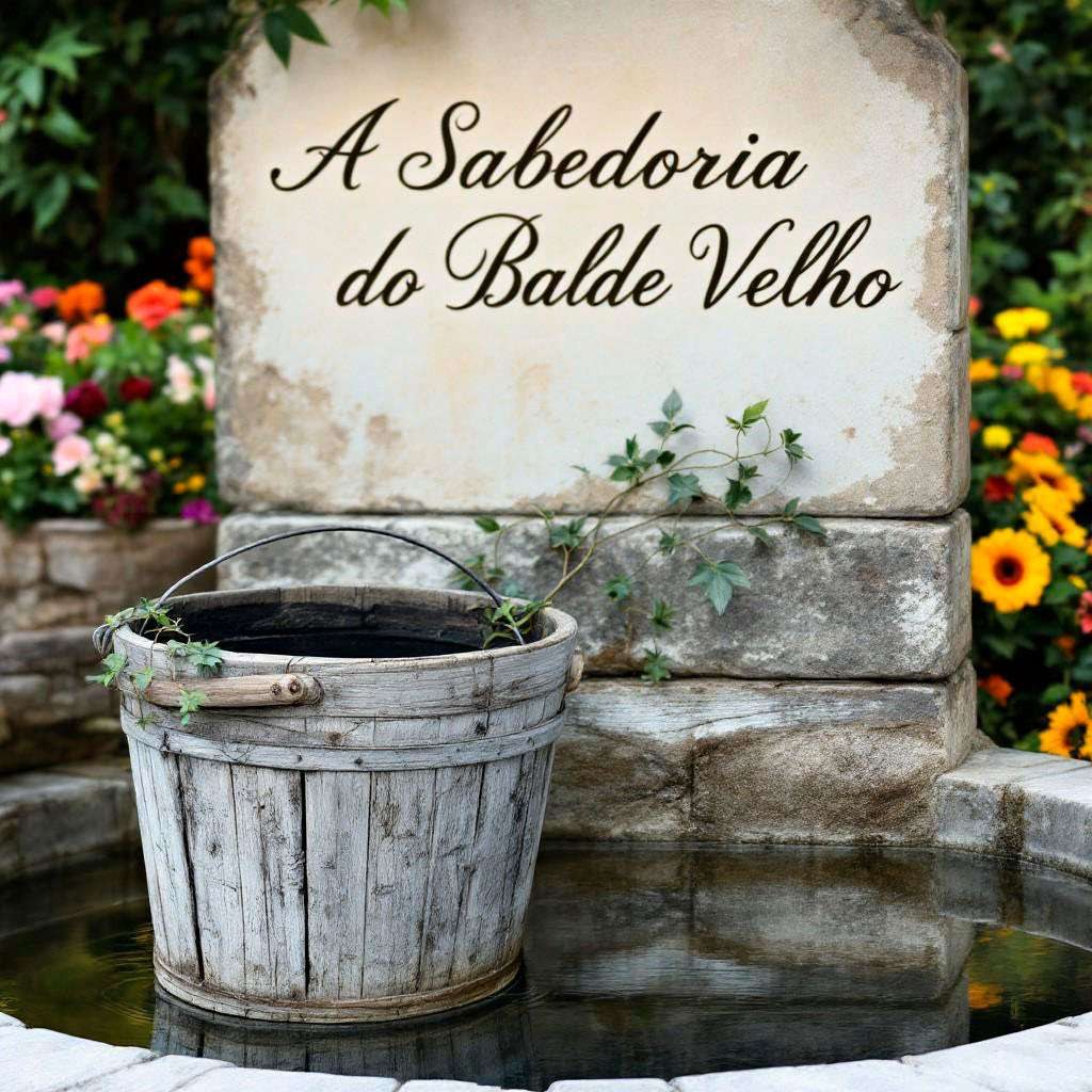 Ilustração de balde velho de madeira cheio de água em um jardim