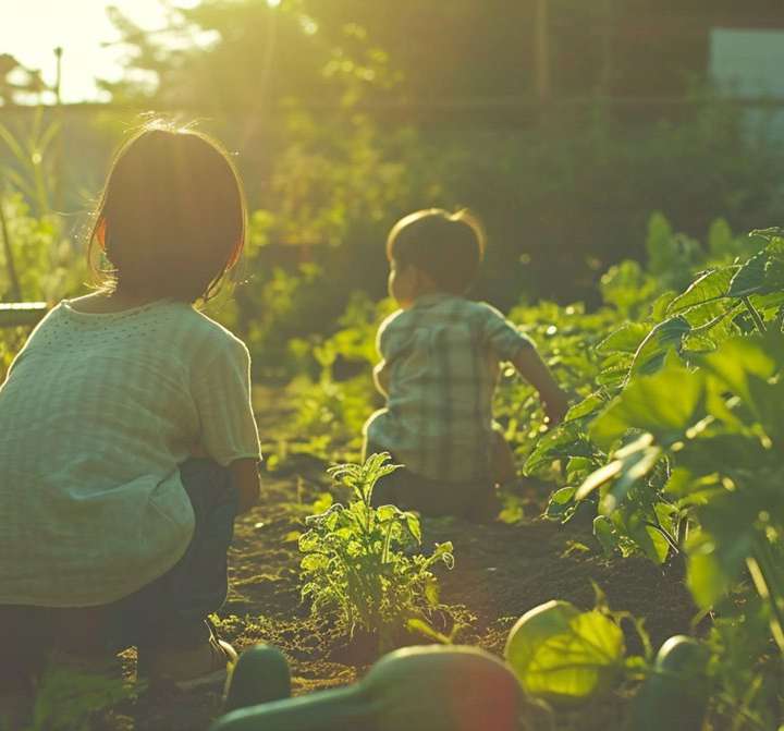 Crianças em uma horta ao pôr do sol
