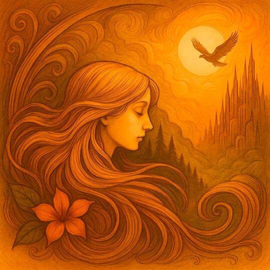 Ilustração de rosto feminino com cabelos ondulados e um pássaro ao sol