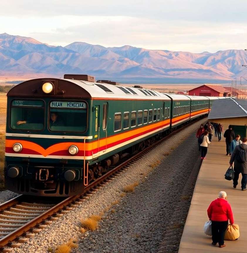 Trem parado em estação com montanhas ao fundo
