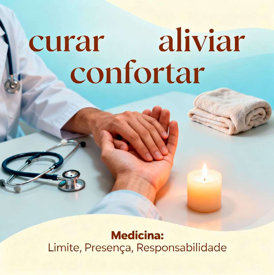 Ilustração de mãos que se tocam ao lado de estetoscópio e vela, com as palavras curar, aliviar e confortar