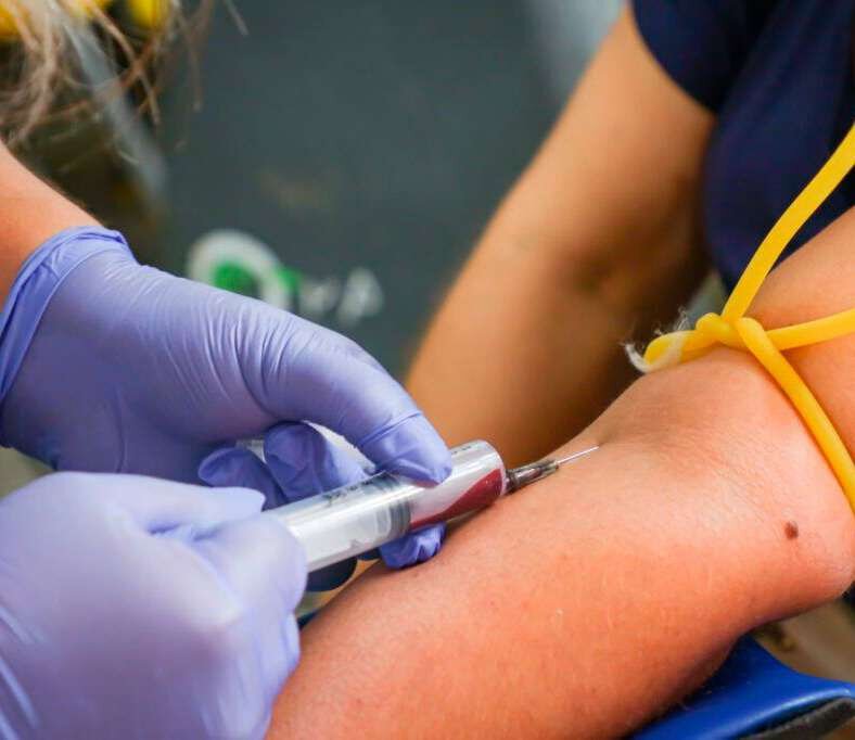 Profissional com luvas coleta amostra de sangue do braço de um voluntário