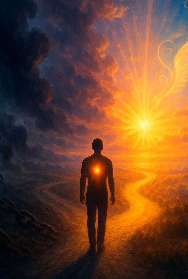 Ilustração de uma pessoa caminhando em direção ao sol nascente