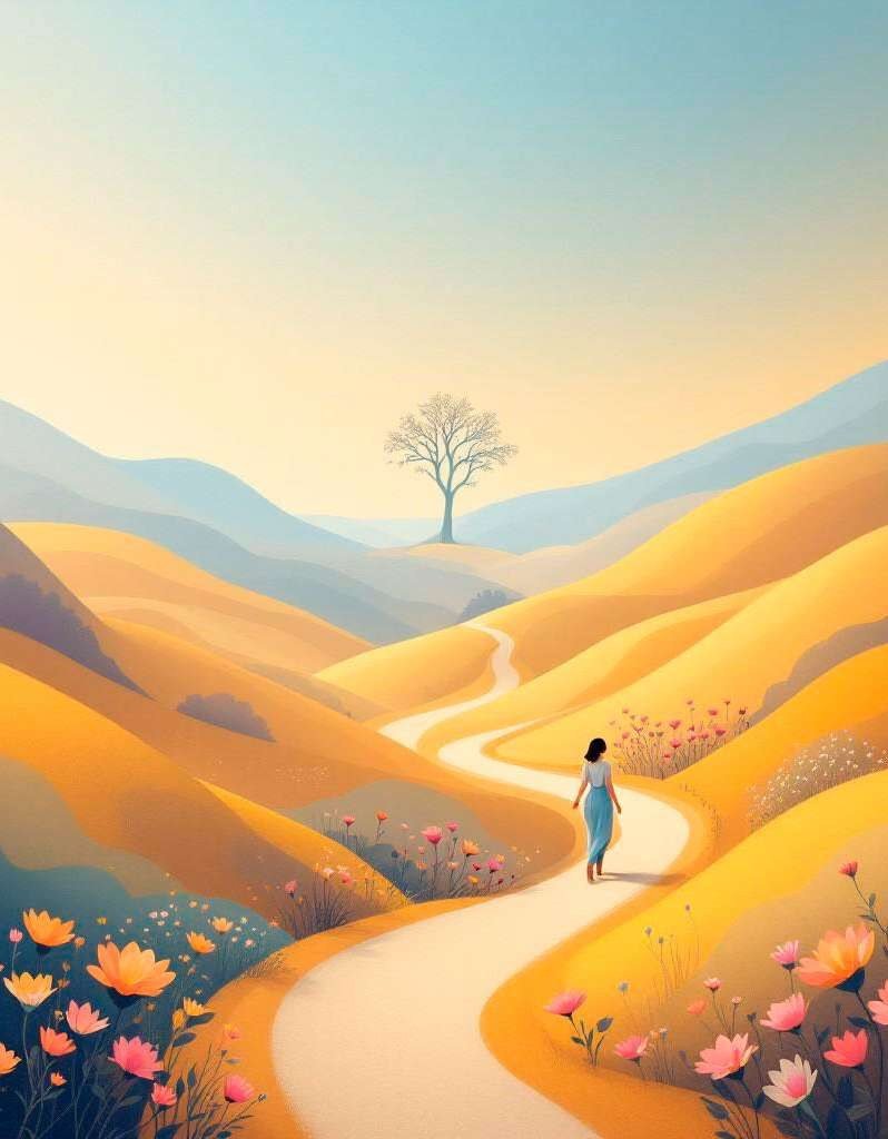 Ilustração de pessoa caminhando em estrada entre colinas
