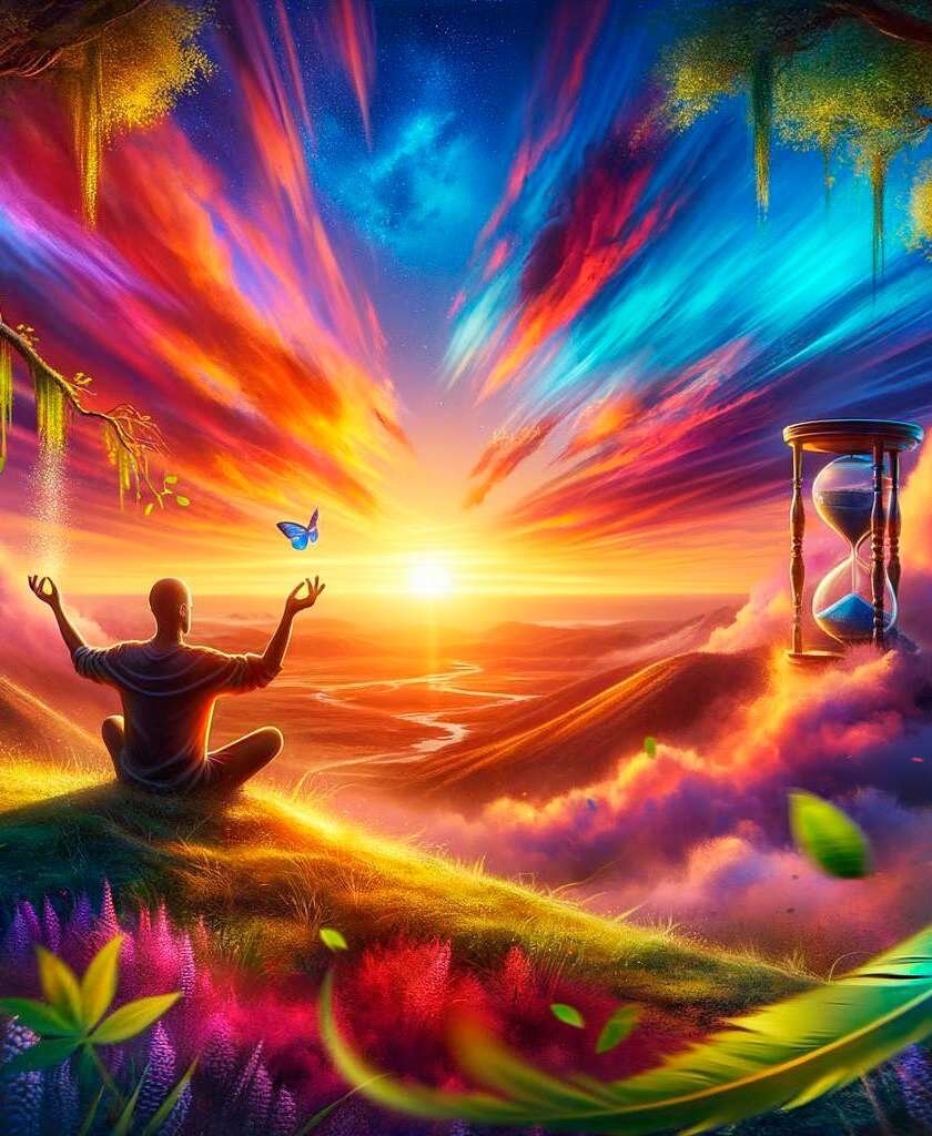 Ilustração de pessoa meditando diante de um pôr do sol colorido
