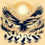 Ilustração de águia voando acima de corvos ao pôr do sol